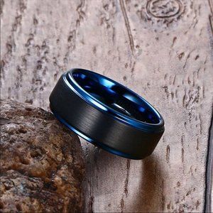 New Trendy Men's Black Blue Stainless Steel Ring